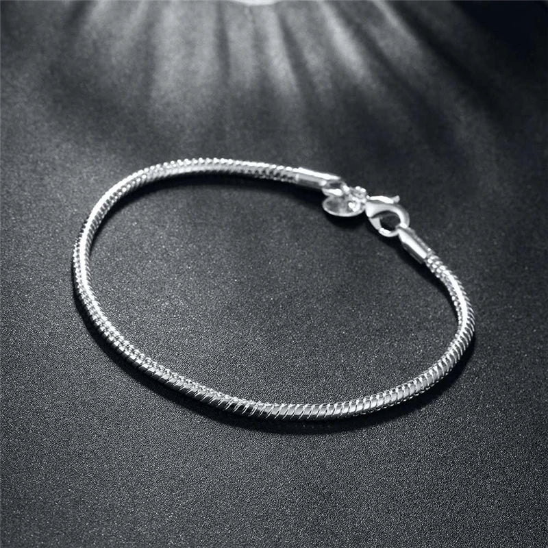 Suyixian 925 Sterling Silver 3mm Snake Chain 8 inches Basis Bracelet For Woman Charm Wedding Engagement Fashion Party Jewelry