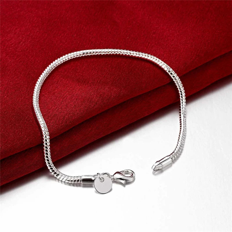 Suyixian 925 Sterling Silver 3mm Snake Chain 8 inches Basis Bracelet For Woman Charm Wedding Engagement Fashion Party Jewelry
