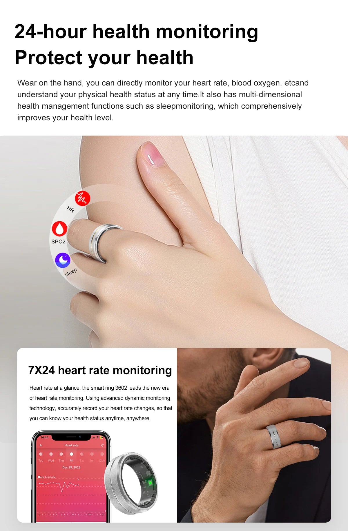 Smart Ring For Men Women Heart Rate Blood Oxygen Monitoring
