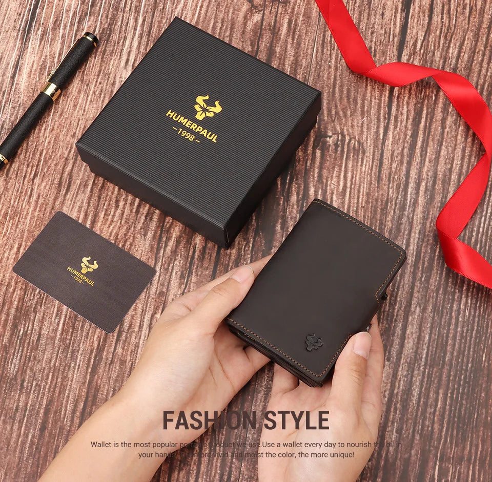 HUMERPAUL Smart Pop Up Card Wallet for Men RFID Genuine Leather Card Case Slim Women Zip Coin Purse with Notes Compartment