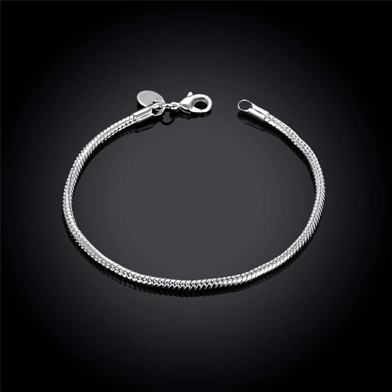 Suyixian 925 Sterling Silver 3mm Snake Chain 8 inches Basis Bracelet For Woman Charm Wedding Engagement Fashion Party Jewelry