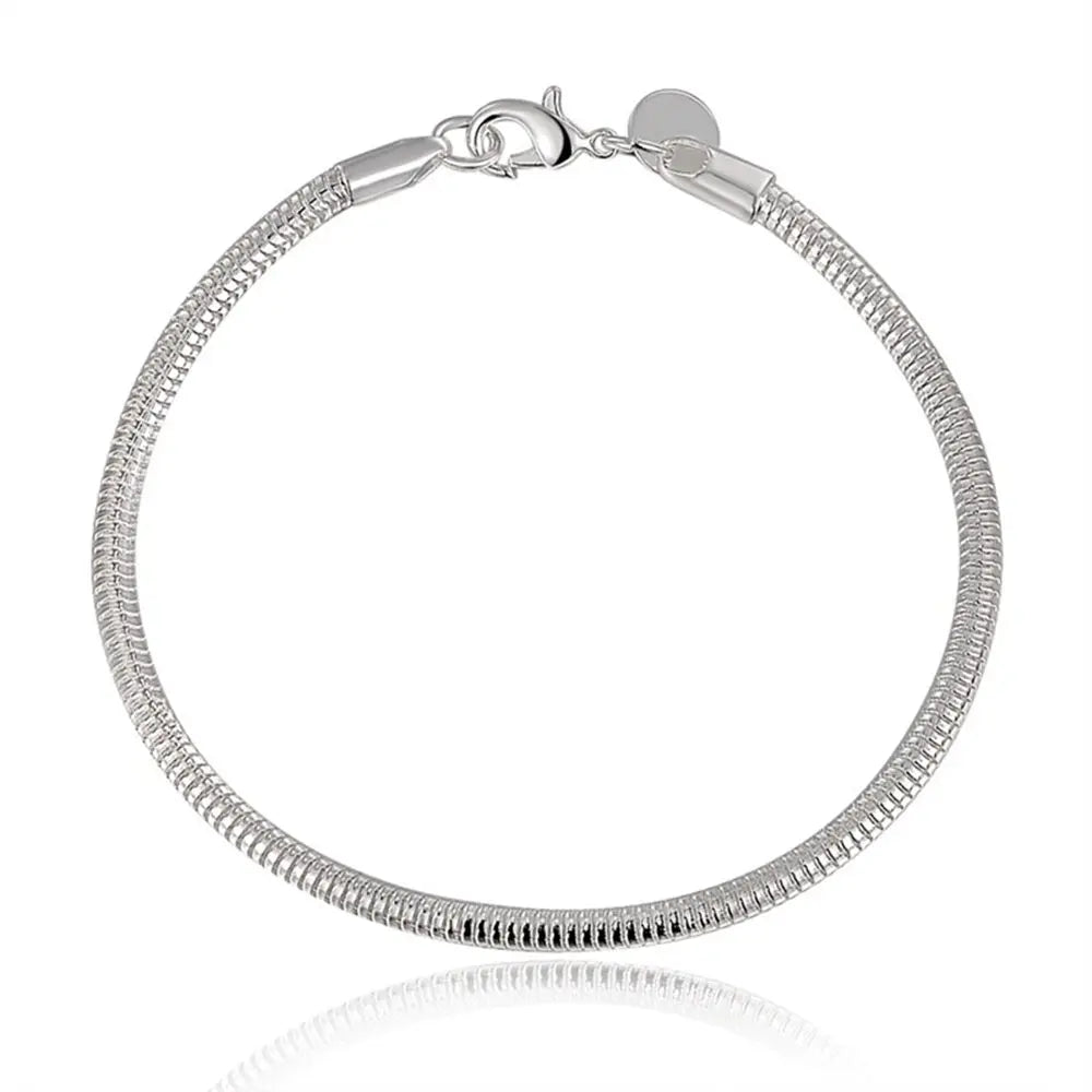 Suyixian 925 Sterling Silver 3mm Snake Chain 8 inches Basis Bracelet For Woman Charm Wedding Engagement Fashion Party Jewelry