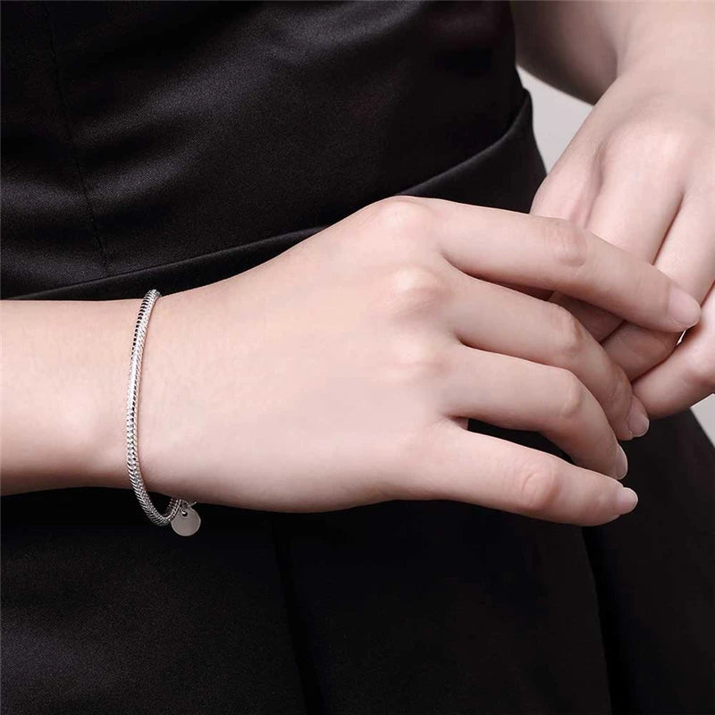 Suyixian 925 Sterling Silver 3mm Snake Chain 8 inches Basis Bracelet For Woman Charm Wedding Engagement Fashion Party Jewelry