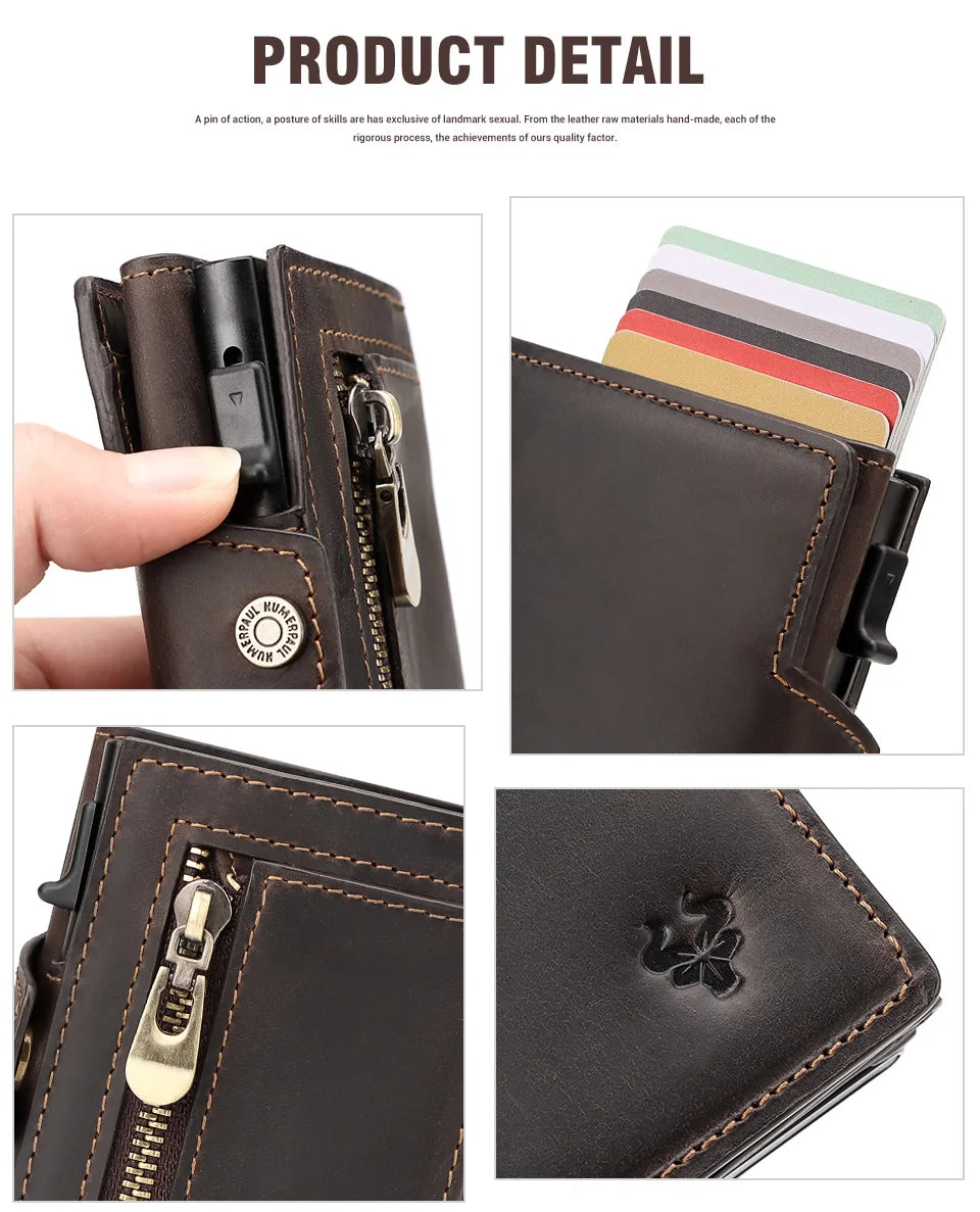 HUMERPAUL Smart Pop Up Card Wallet for Men RFID Genuine Leather Card Case Slim Women Zip Coin Purse with Notes Compartment