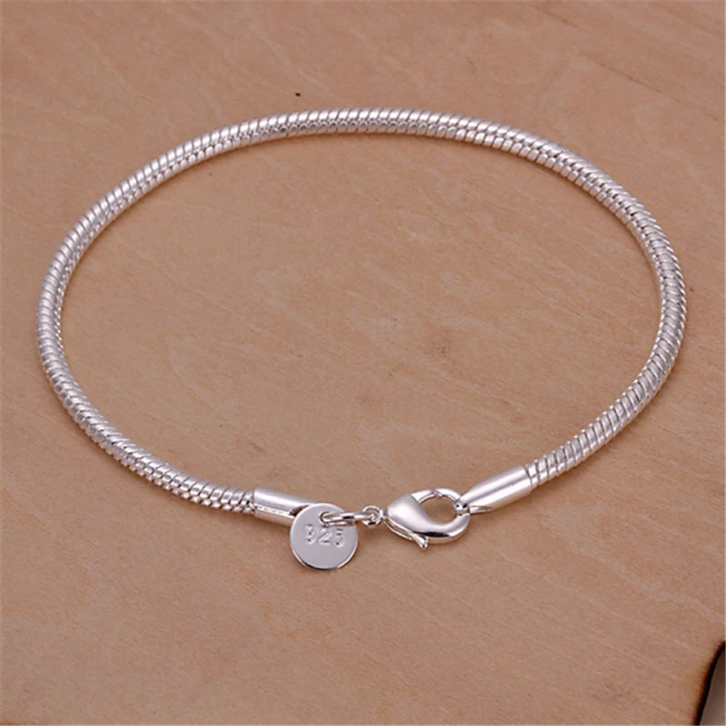 Suyixian 925 Sterling Silver 3mm Snake Chain 8 inches Basis Bracelet For Woman Charm Wedding Engagement Fashion Party Jewelry